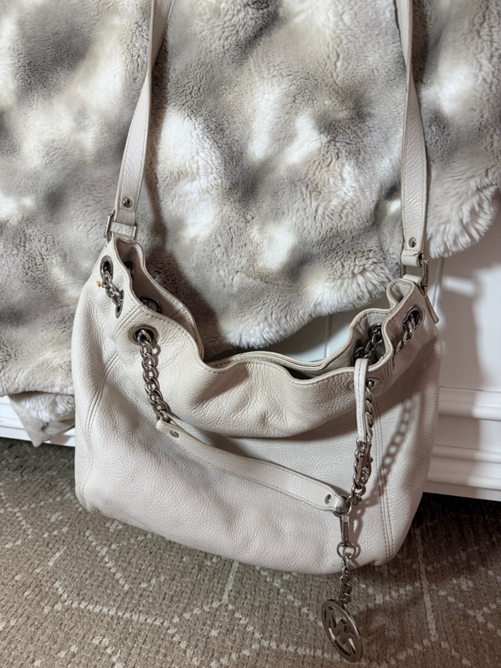 Michael Kors Cream Pebbled Leather Shoulder Bag with Chain Detail